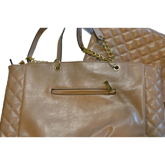 Women's Camel Brown Quilted Tote Bag w/ Pouches, Gold Hardware - Picture 4 of 5